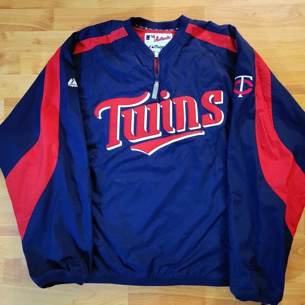 Y2K Majestic Minnesota Twins Quarter-zip Navy and Red Windbreaker Pullover, XL
